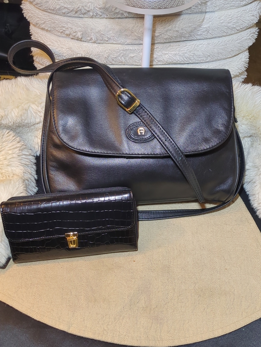 Etienne Aigner Leather Crossbody Bag w/ Black Aigner Croc-Embossed Wallet $110